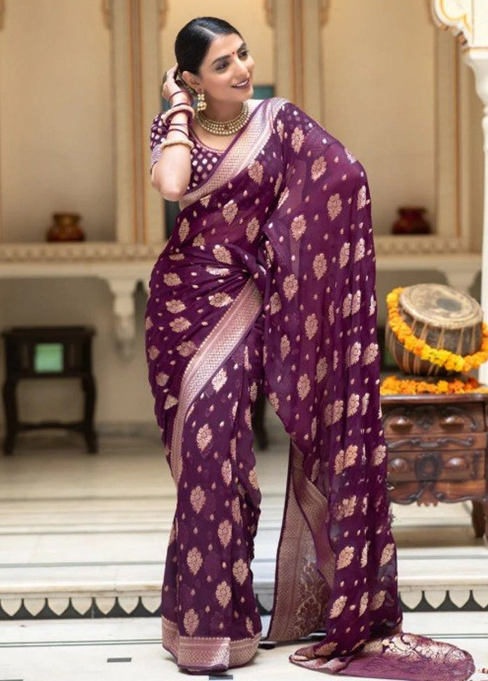 Purple Banarasi Silk Saree With Blouse Piece