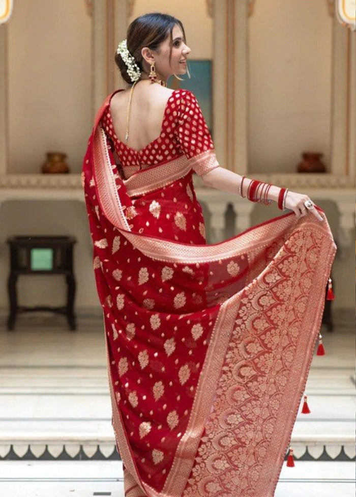 Red Banarasi Silk Saree With Blouse Piece