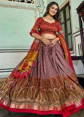 3 Pc Purple Silk Semi Stitched Lehenga Set