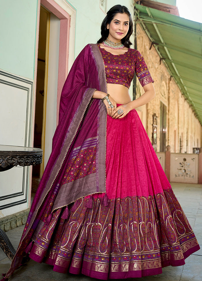 3 Pc Pink Silk Semi Stitched Lehenga Set