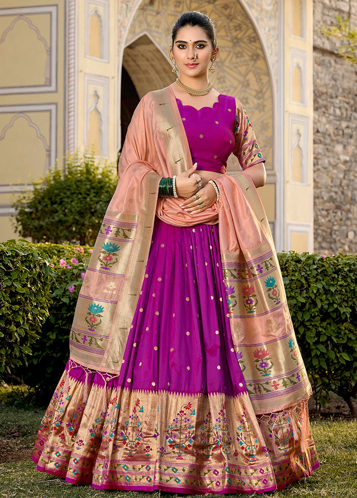 3 Pc Purple Silk Semi Stitched Lehenga Set