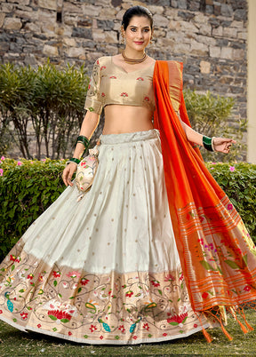 3 Pc White Silk Semi Stitched Lehenga Set