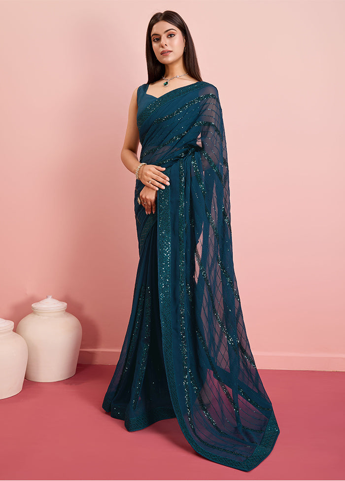 Teal Green Georgette Saree With Blouse Piece