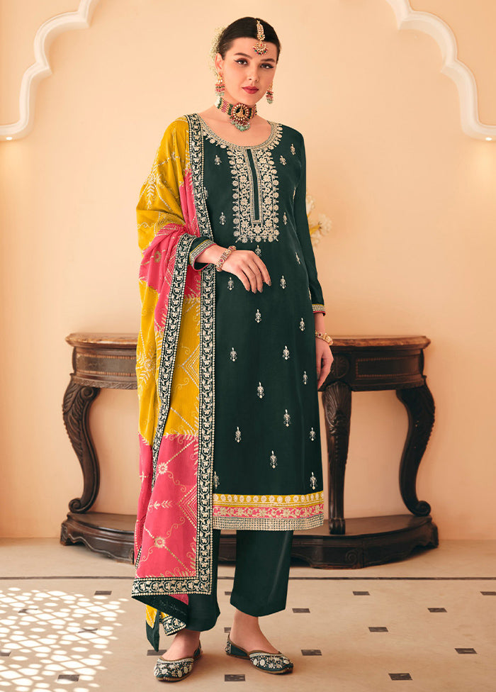 3 Pc Olive Green Semi Stitched Silk Suit Set