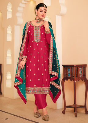 3 Pc Rust Semi Stitched Silk Suit Set