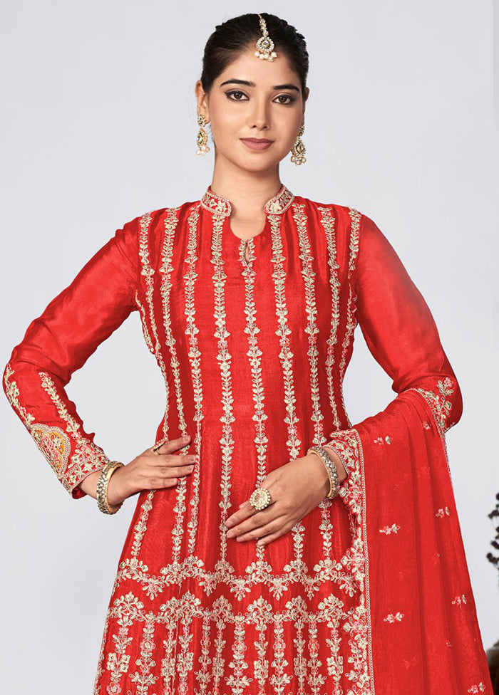 3 Pc Red Semi Stitched Silk Suit Set