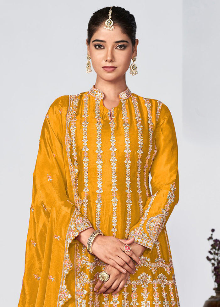 3 Pc Yellow Semi Stitched Silk Suit Set