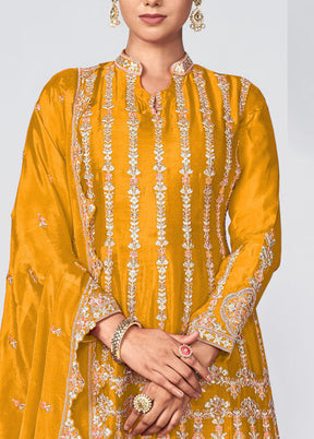 3 Pc Yellow Semi Stitched Silk Suit Set