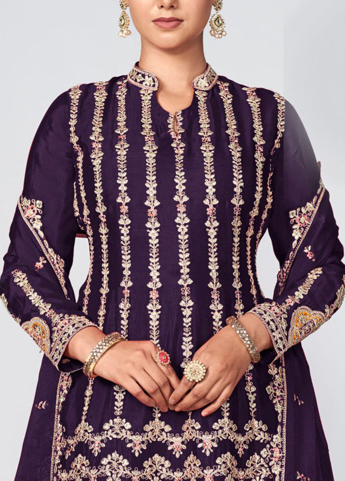 3 Pc Violet Semi Stitched Silk Suit Set