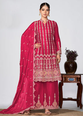 3 Pc Deep Pink Semi Stitched Silk Suit Set