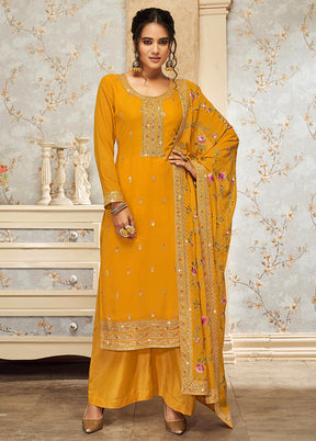 3 Pc Mustard Semi Stitched Georgette Suit Set