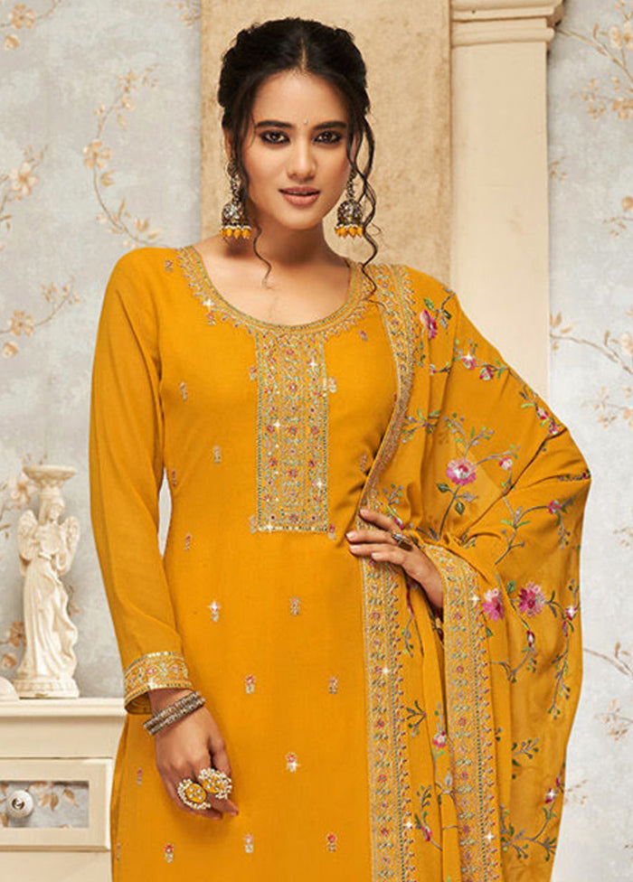 3 Pc Mustard Semi Stitched Georgette Suit Set