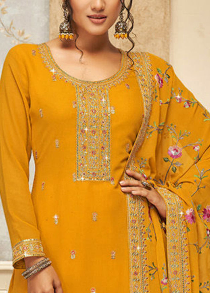 3 Pc Mustard Semi Stitched Georgette Suit Set