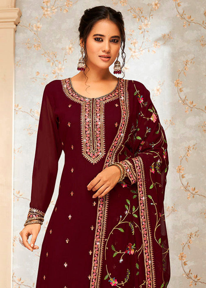 3 Pc Maroon Semi Stitched Georgette Suit Set