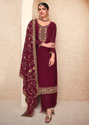 3 Pc Maroon Semi Stitched Georgette Suit Set