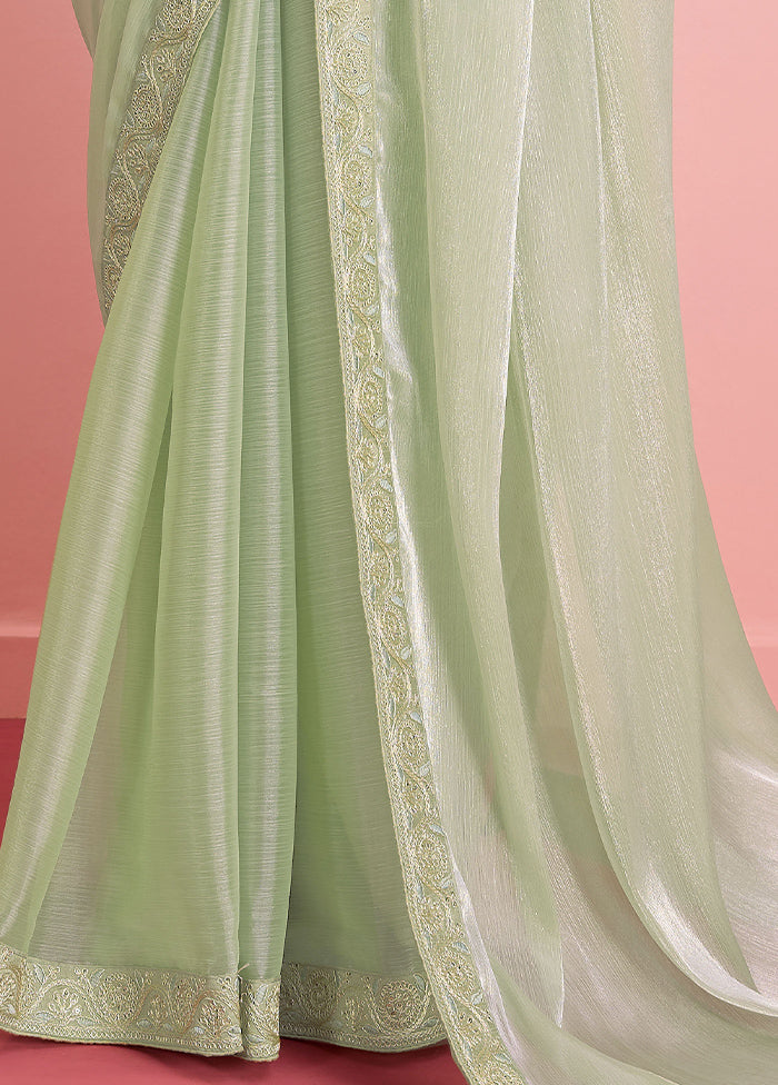 Lime Green Dupion Silk Saree With Blouse Piece