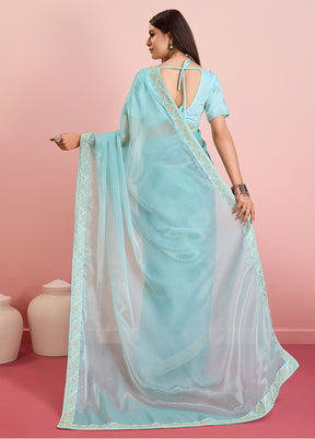 Sea Blue Dupion Silk Saree With Blouse Piece