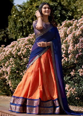 3 Pc Orange Silk Semi Stitched Lehenga Set