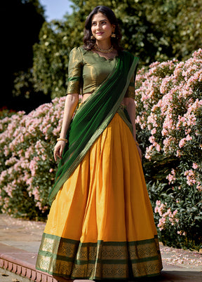 3 Pc Yellow Silk Semi Stitched Lehenga Set