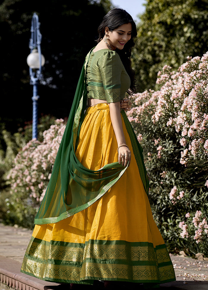 3 Pc Yellow Silk Semi Stitched Lehenga Set