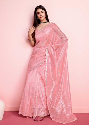 Peach Net Net Saree With Blouse Piece