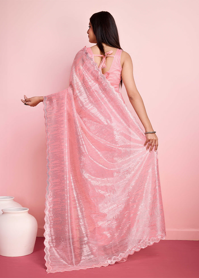 Peach Net Net Saree With Blouse Piece