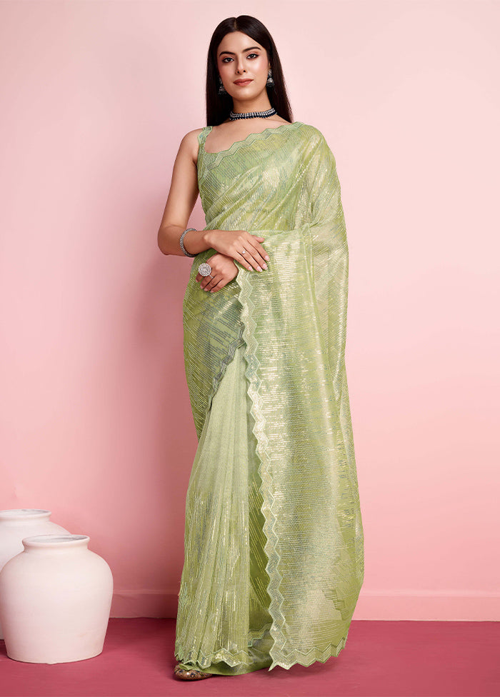 Pista Green Net Net Saree With Blouse Piece