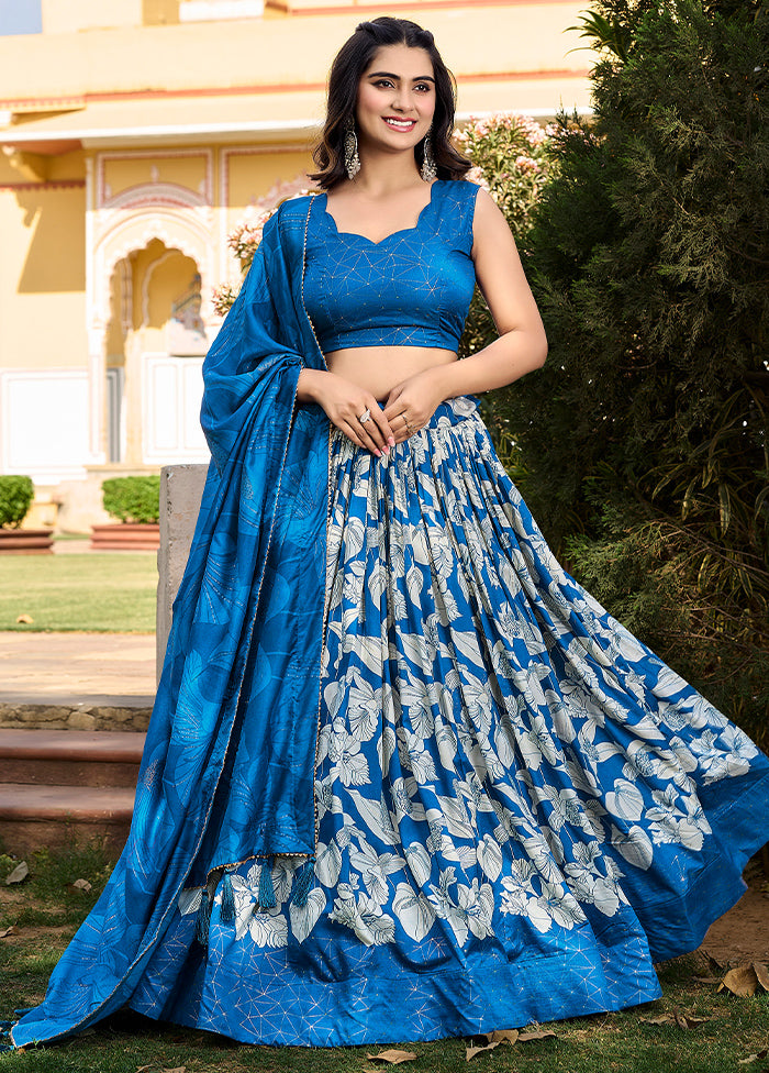 3 Pc Blue Silk Semi Stitched Lehenga Set