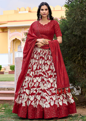 3 Pc Red Silk Semi Stitched Lehenga Set