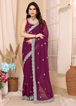 Wine Chiffon Silk Saree With Blouse Piece