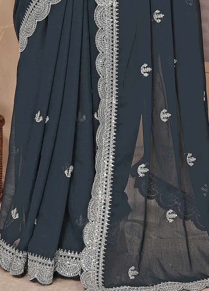 Dark Grey Chiffon Silk Saree With Blouse Piece