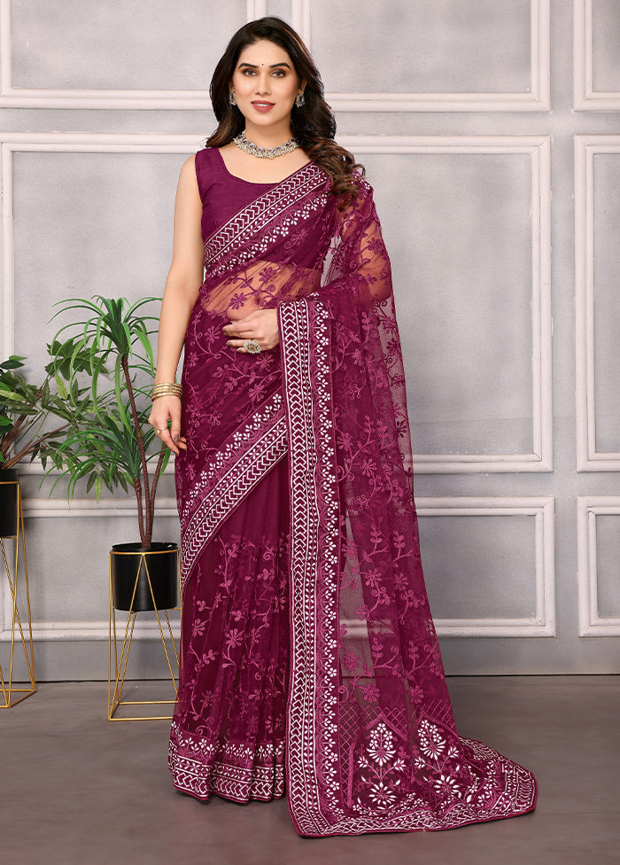 Wine Net Saree With Blouse Piece