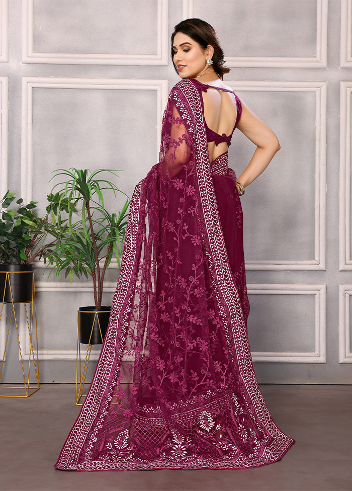 Wine Net Net Saree With Blouse Piece