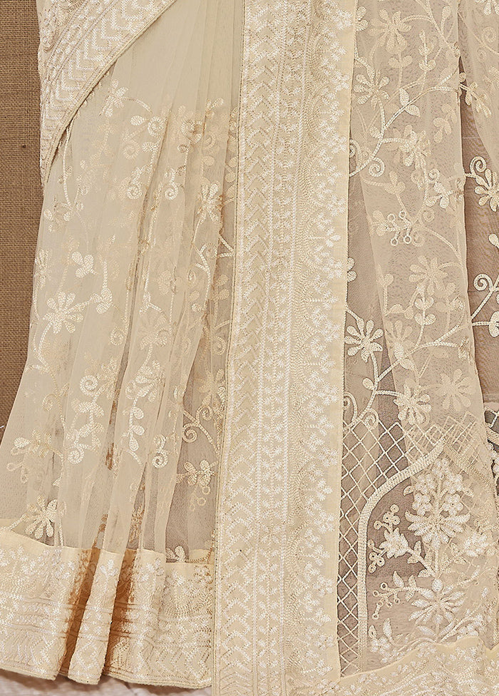 Cream Net Saree With Blouse Piece