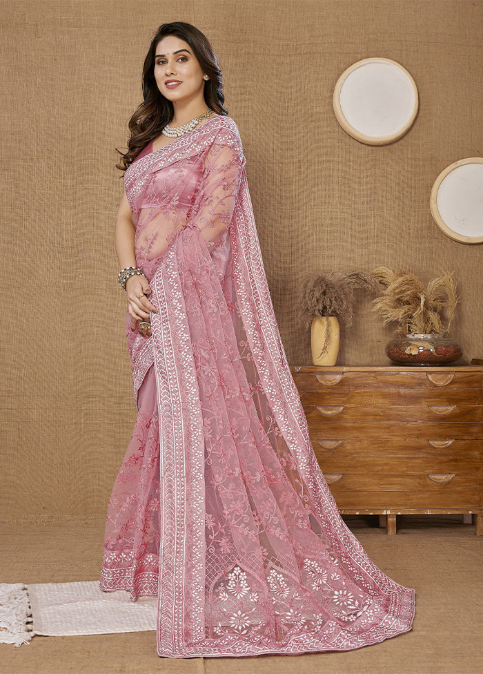 Pink Net Net Saree With Blouse Piece