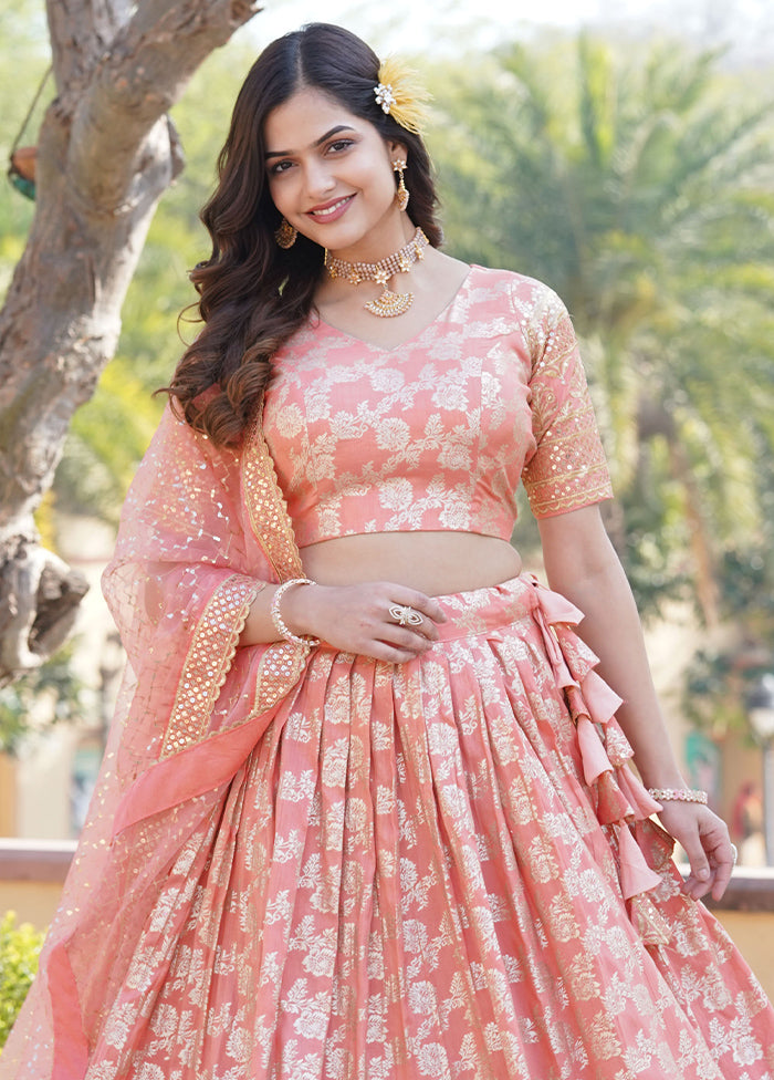 3 Pc Peach Viscose Semi Stitched Lehenga Set