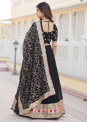 3 Pc Black Georgette Semi Stitched Lehenga Set