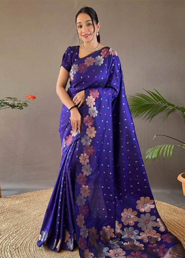 Blue Banarasi Silk Saree With Blouse Piece