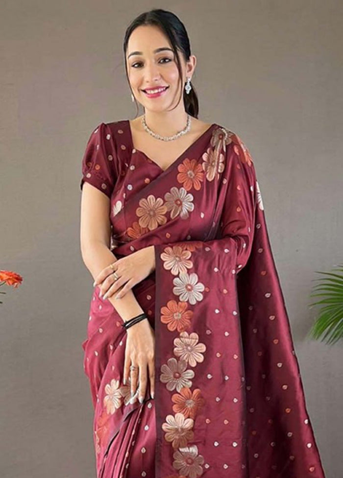 Maroon Banarasi Silk Saree With Blouse Piece