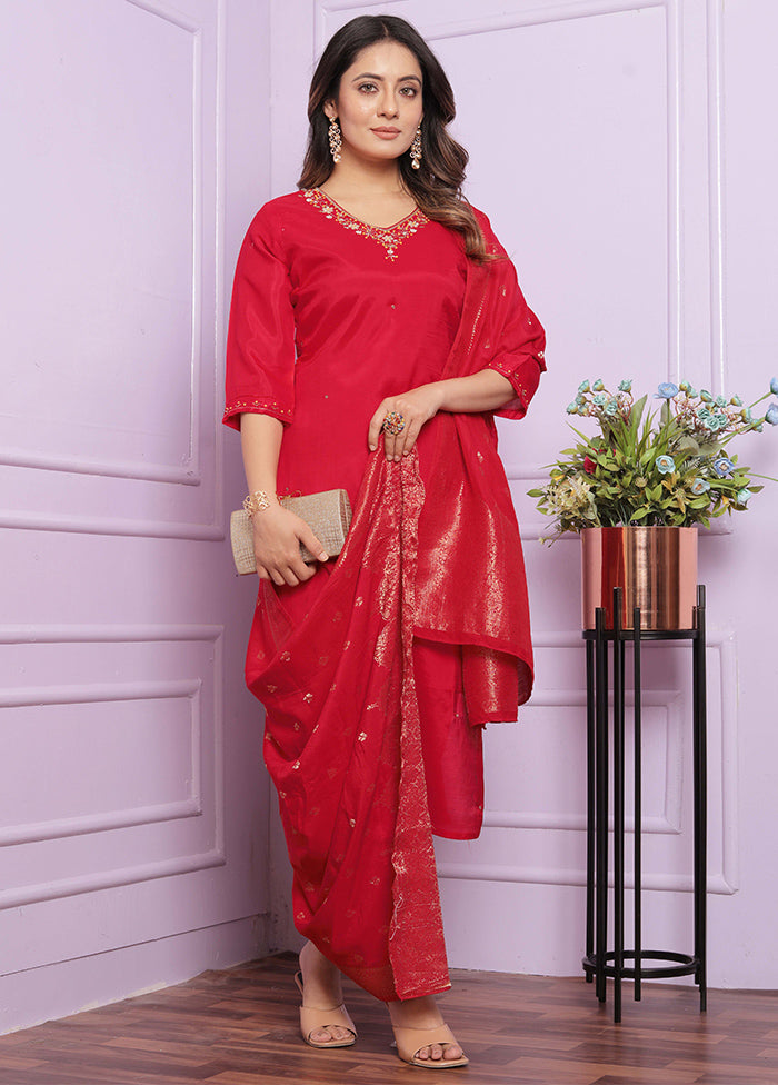 3 Pc Red Pure Readymade Viscose Suit Set