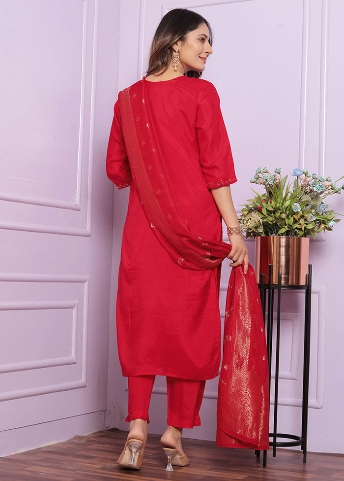 3 Pc Red Pure Readymade Viscose Suit Set