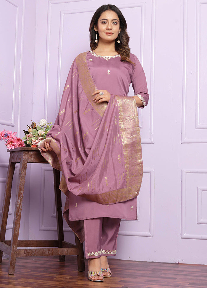 3 Pc Purple Readymade Viscose Suit Set - Indian Silk House Agencies