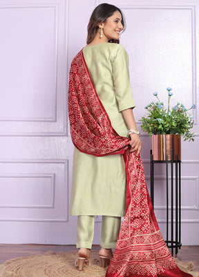 3 Pc Pista Green Readymade Silk Suit Set