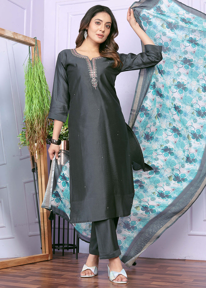 3 Pc Grey Readymade Silk Suit Set