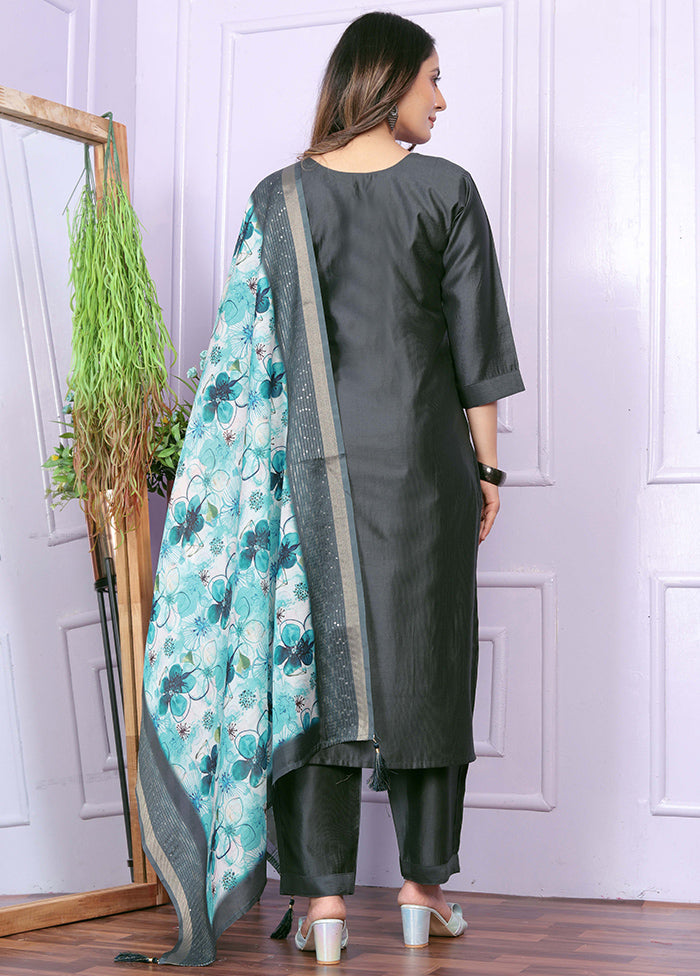 3 Pc Grey Readymade Silk Suit Set - Indian Silk House Agencies