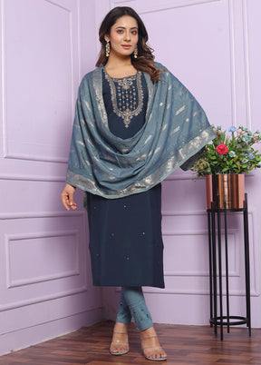 3 Pc Blue Readymade Silk Suit Set - Indian Silk House Agencies