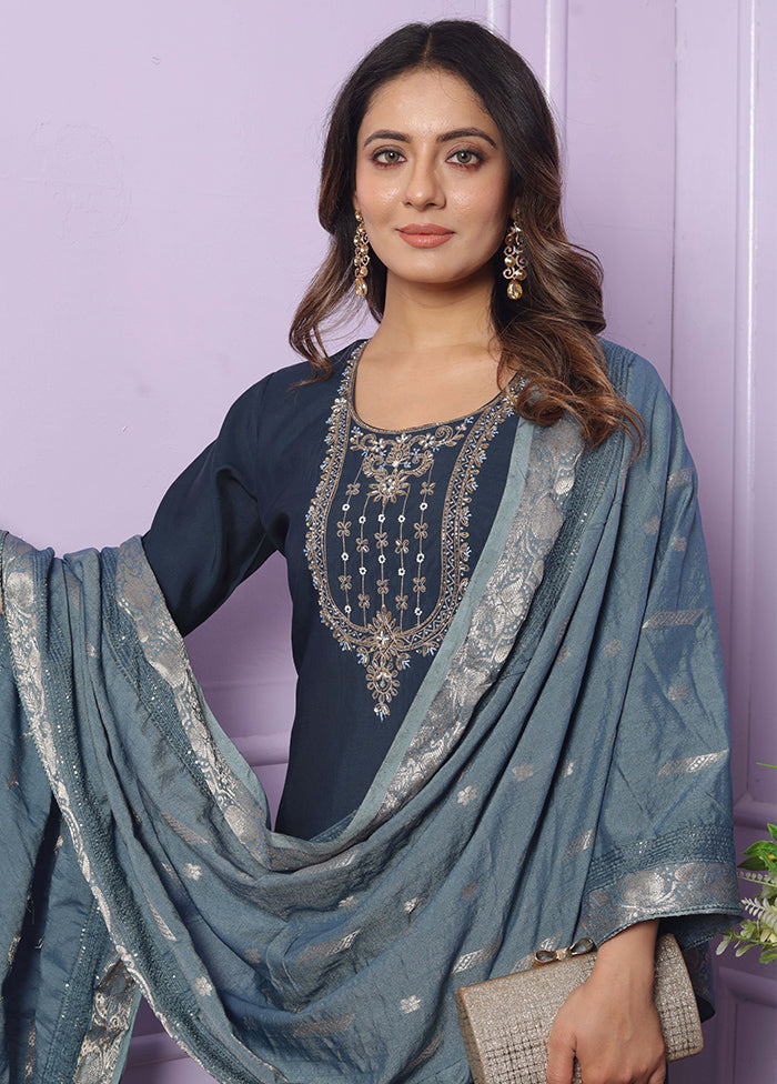 3 Pc Blue Readymade Silk Suit Set - Indian Silk House Agencies