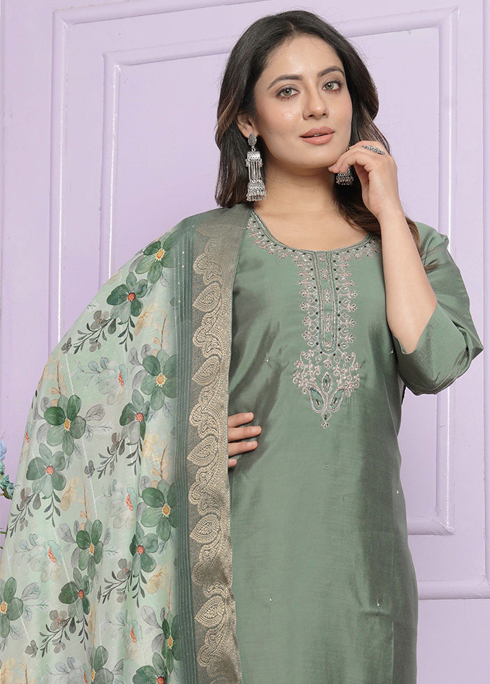 3 Pc Green Readymade Silk Suit Set