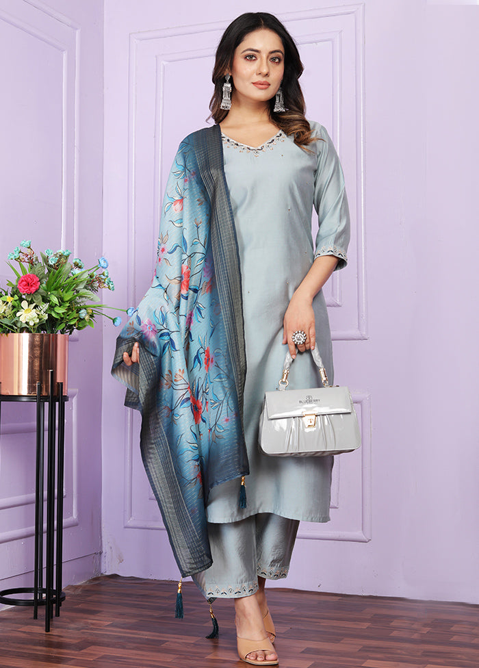 3 Pc Sky Blue Readymade Silk Suit Set