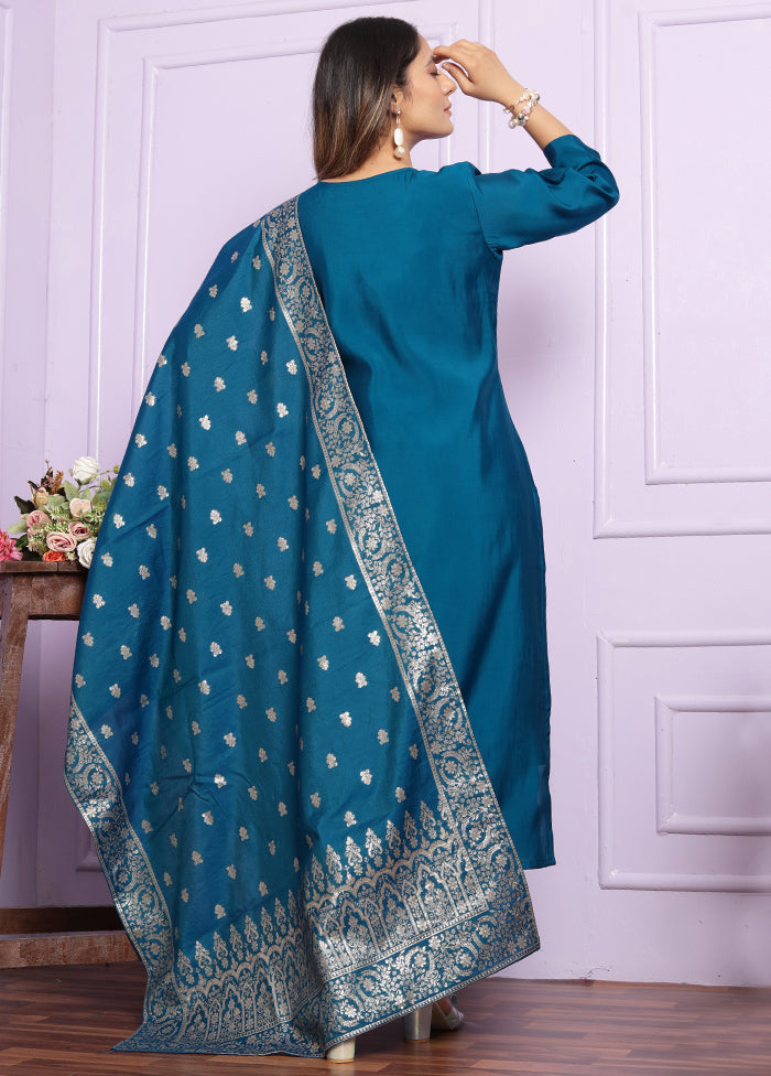 3 Pc Blue Readymade Silk Suit Set